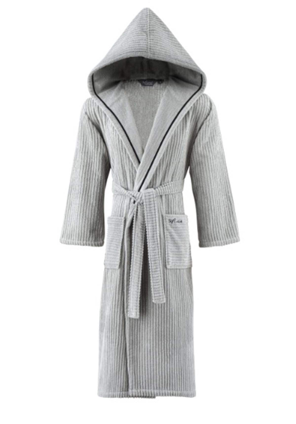 Soft Cotton Kapşonlu Bornoz Stripe Man Gri L