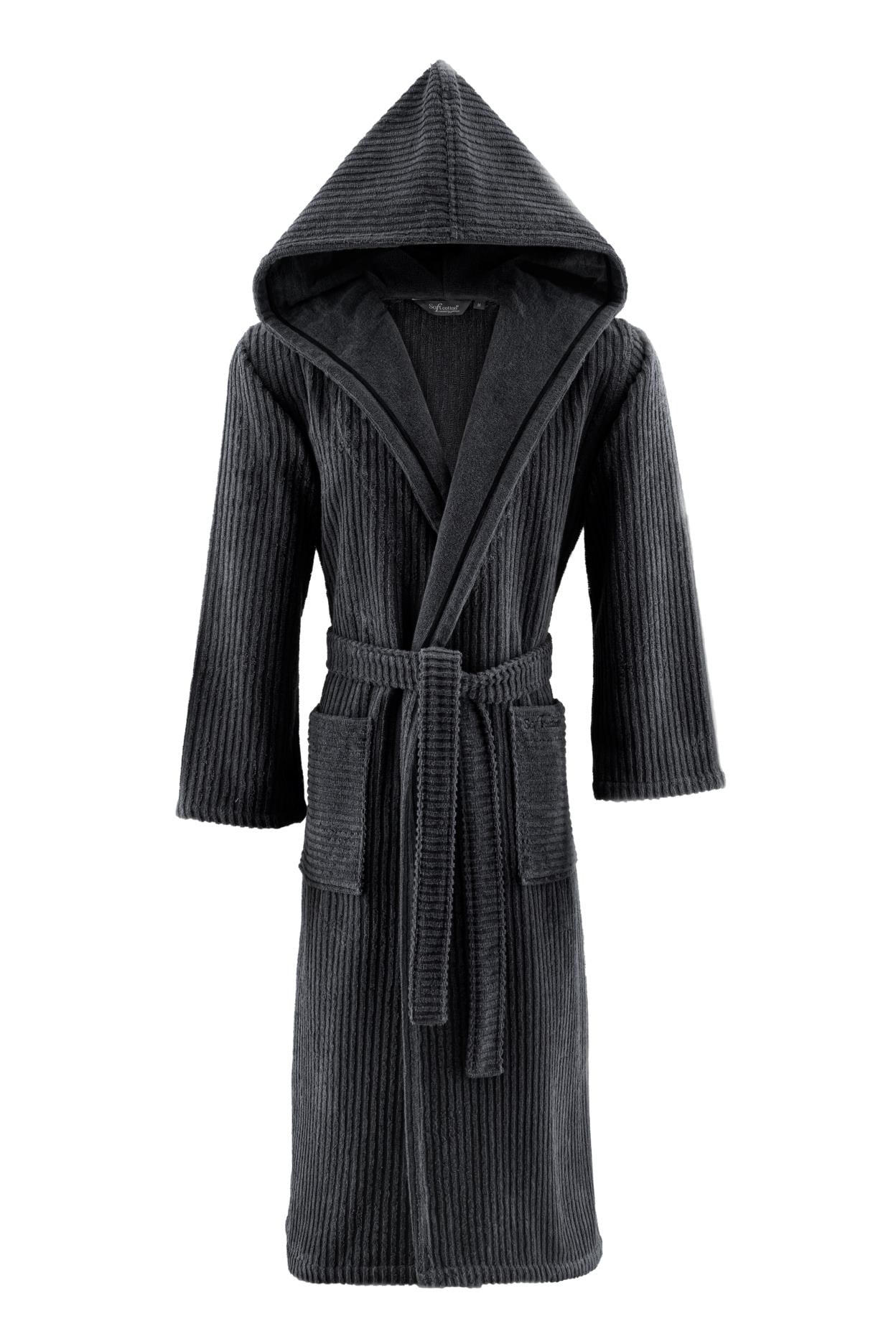 Soft Cotton Kapşonlu Bornoz Stripe Man Antrasit L