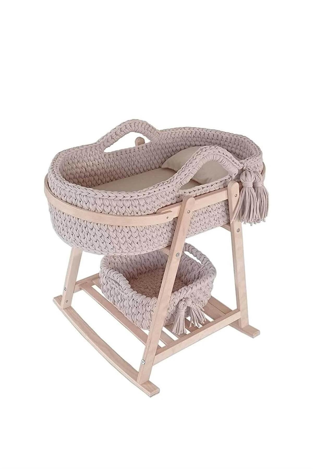 Baby Tech Naturel Izgaralı Ahşap Çemberli Standlı Beşik + Örgü Sepet ve Örgü Kutu Bej