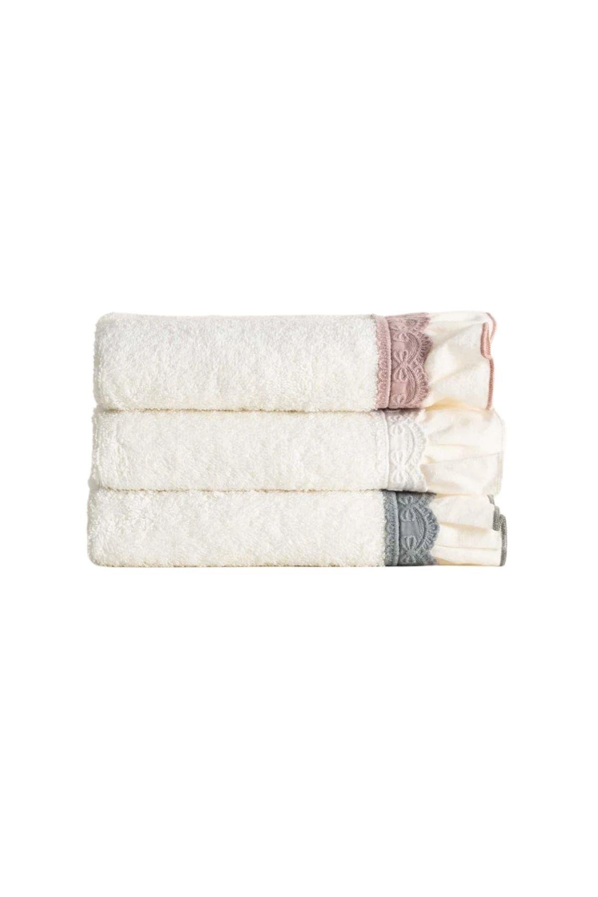 Ecocotton Alessa 3'lü Kurulama Havlusu %100 Organik Pamuklu Dantelli Krem-Pudra-Yeşil 30X50 Cm