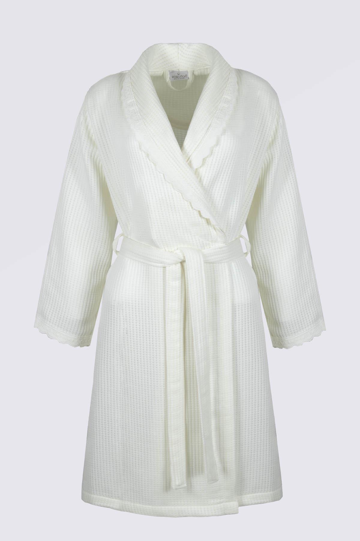 Ecocotton Alessa Kadın Pike Bornoz %100 Organik Pamuk Jakarlı Krem M