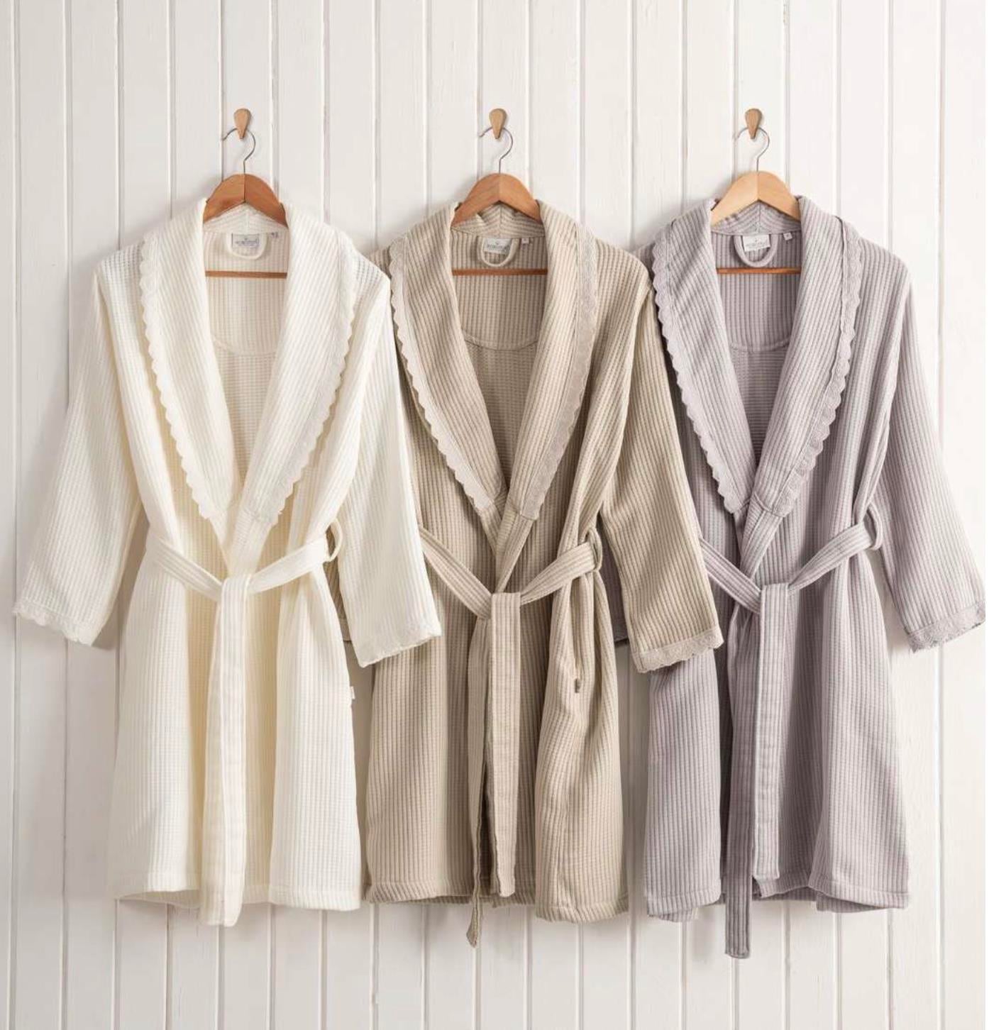 Ecocotton Alessa Kadın Pike Bornoz %100 Organik Pamuk Jakarlı Bej