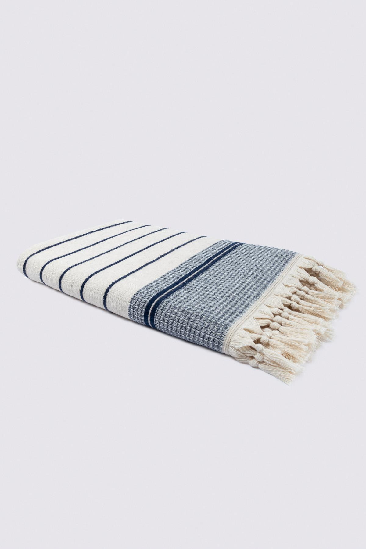 Ecocotton Arden Banyo Havlusu %100 Organik Pamuk Karışımlı Kenevir Havlu Lacivert-Bej 80x150 Cm