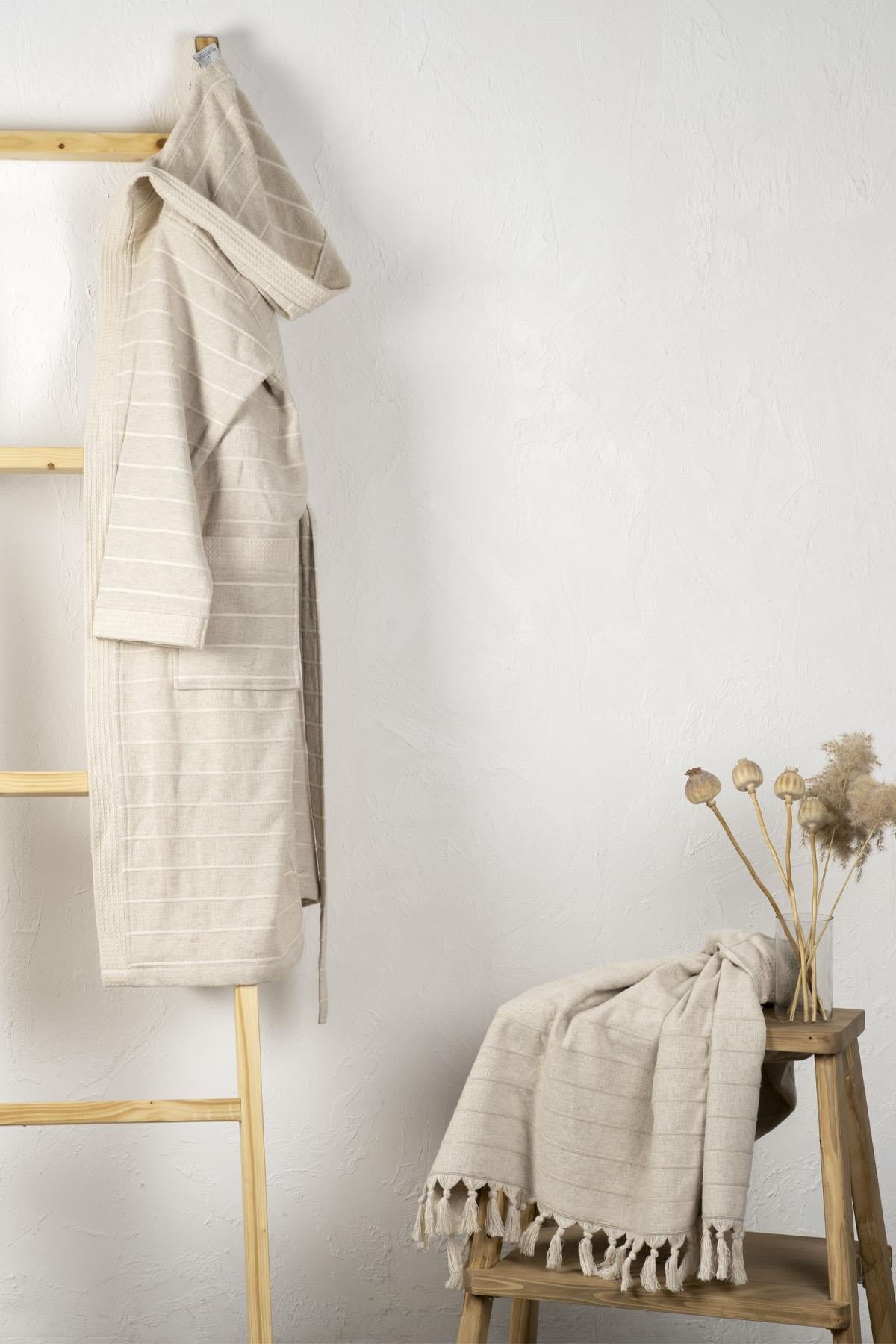 Ecocotton Arden Kadın Bornoz %100 Organik Pamuk  Kenevir Karışımlı Bornoz Çizgili Bej