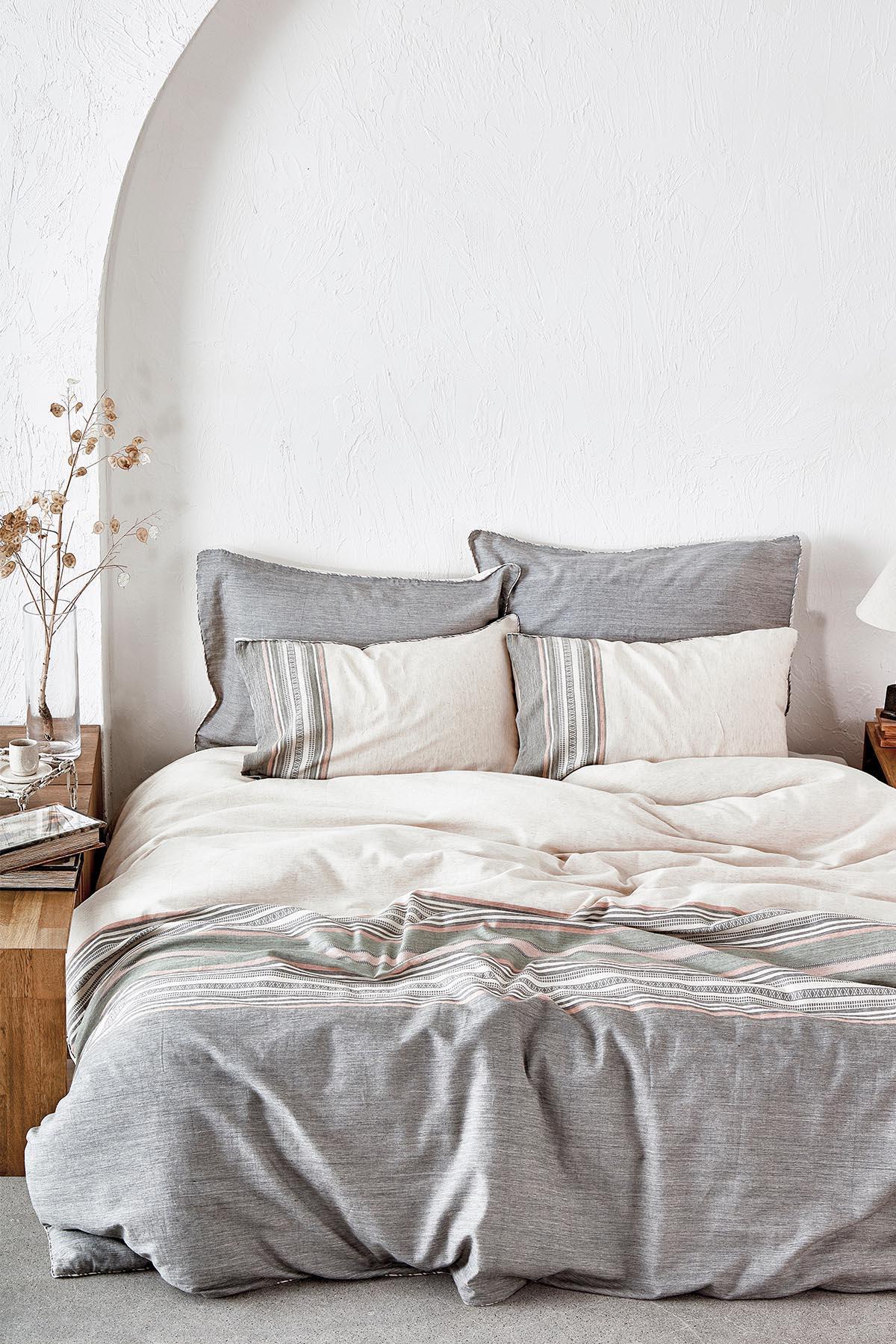 Ecocotton Dila Çift Kişilik Nevresim Takımı %100 Organik Pamuk Keten Bej-Yeşil 200x220 Cm