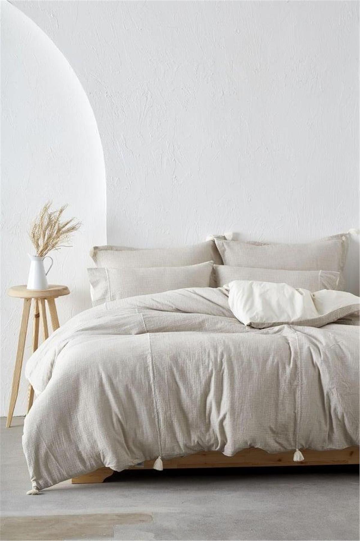 Ecocotton Doğa Battal Boy Nevresim Takımı %100 Organik Pamuk Müslin Parça Boya Bej 240x220 Cm