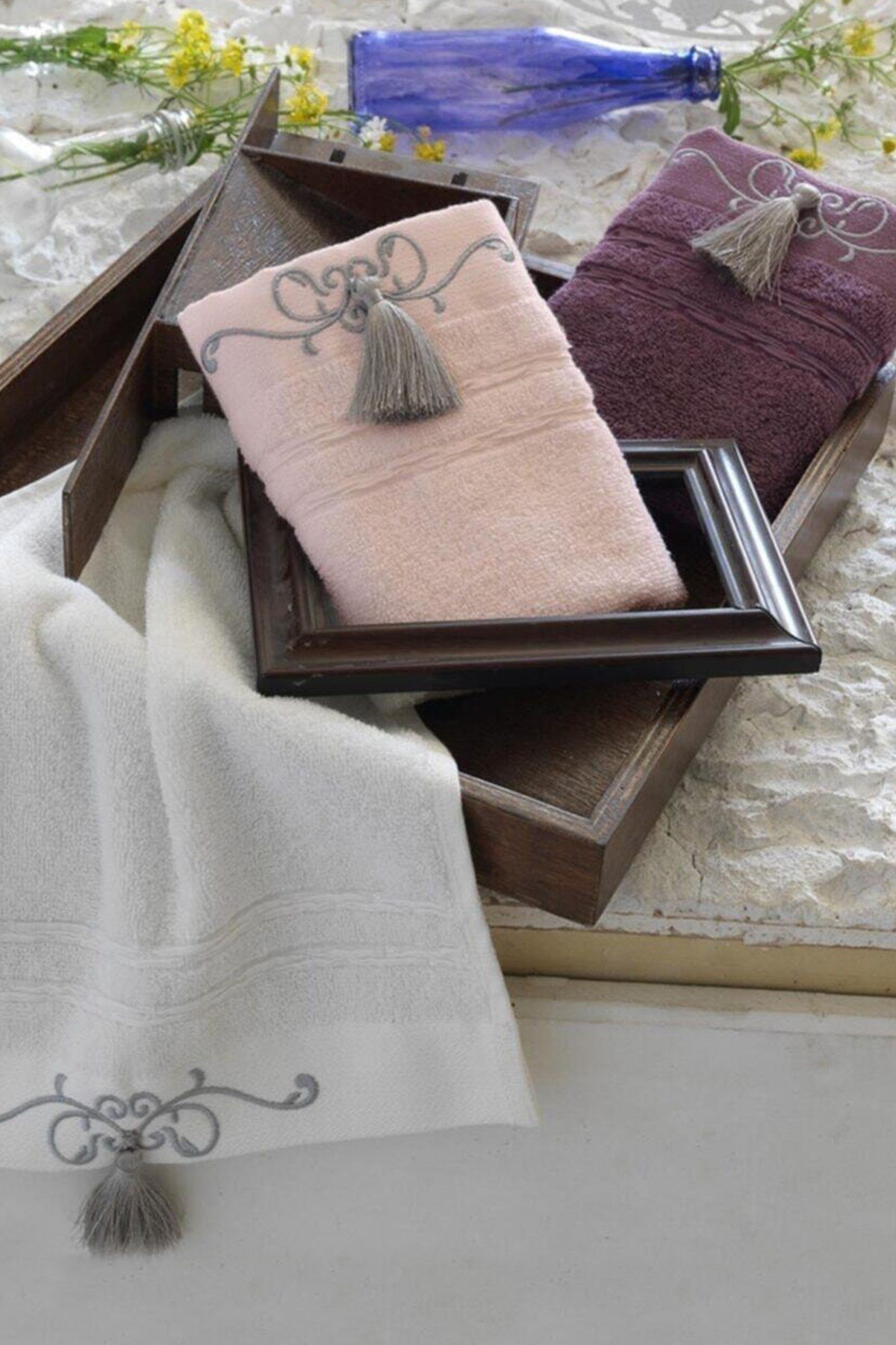 Ecocotton Emily Mutfak Havlu Seti Beyaz-Pudra-Mürdüm 30*50