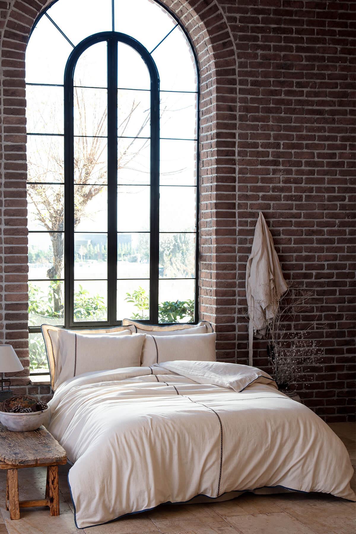 Ecocotton Farya Çift Kişilik Nevresim Takımı %100 Organik Pamuk Kenevir Karışımlı Nakışlı Bej 200x220 Cm