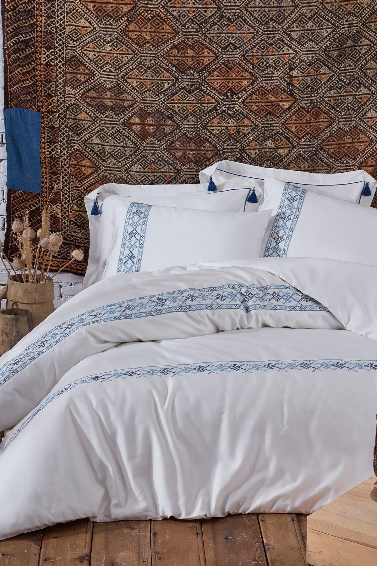 Ecocotton Harem Çift Kişilik Nevresim Takımı Krem-Mavi 200*220 cm