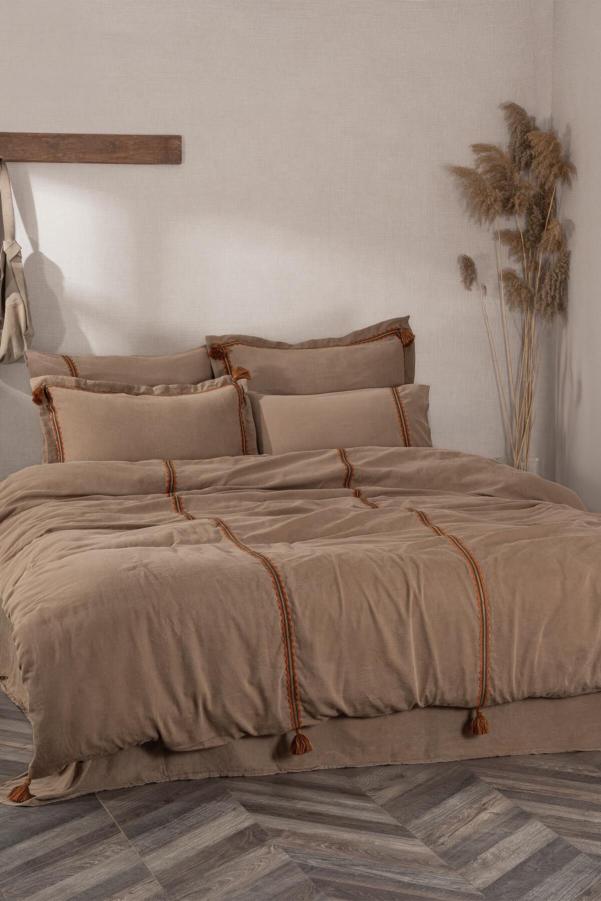 Ecocotton Hazar Çift Kişilik Nevresim Takımı %100 Organik Pamuk Saten Parça Boya Bej 200x220 Cm