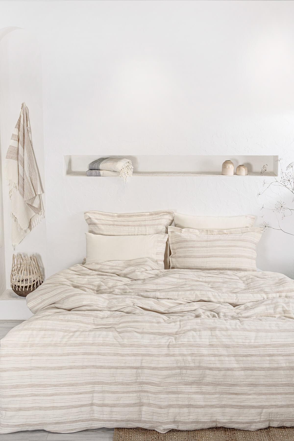 Ecocotton İkra Çift Kişilik Nevresim Takımı %100 Organik Pamuk Dokuma Krem-Bej 200x220 Cm