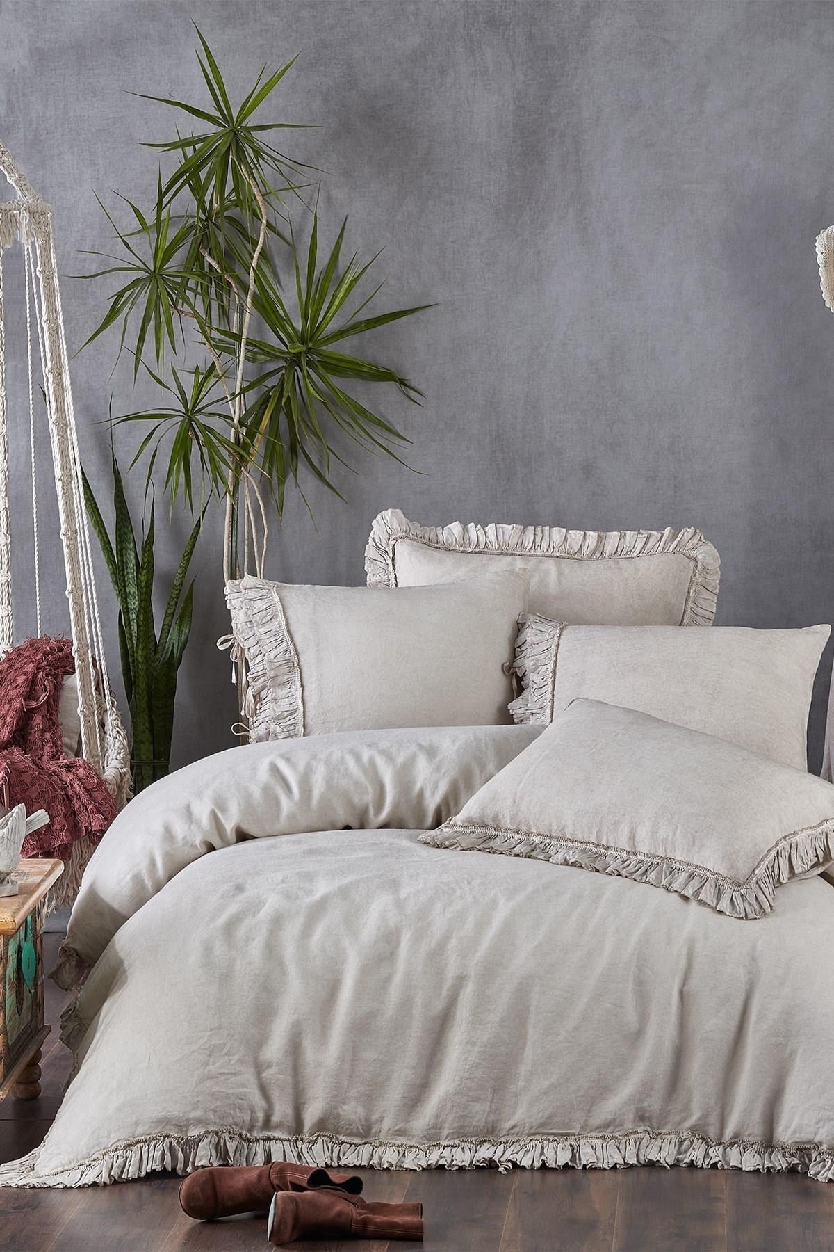 Ecocotton Miranda Battal Boy Nevresim Takımı %100 Keten Parça Boya Bej 240x220 cm