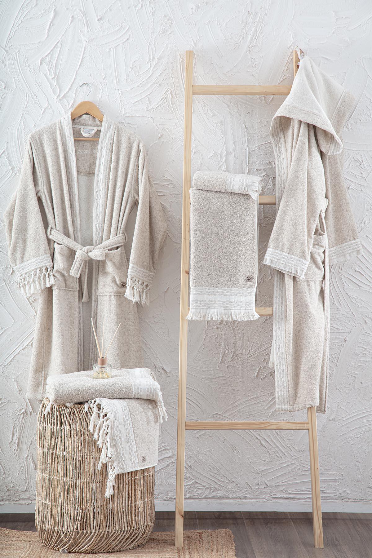 Ecocotton Ramina Aile Bornoz Seti %100 Organik Pamuk Jakarlı Bej/Bej - M/L Bej-Bej M-L