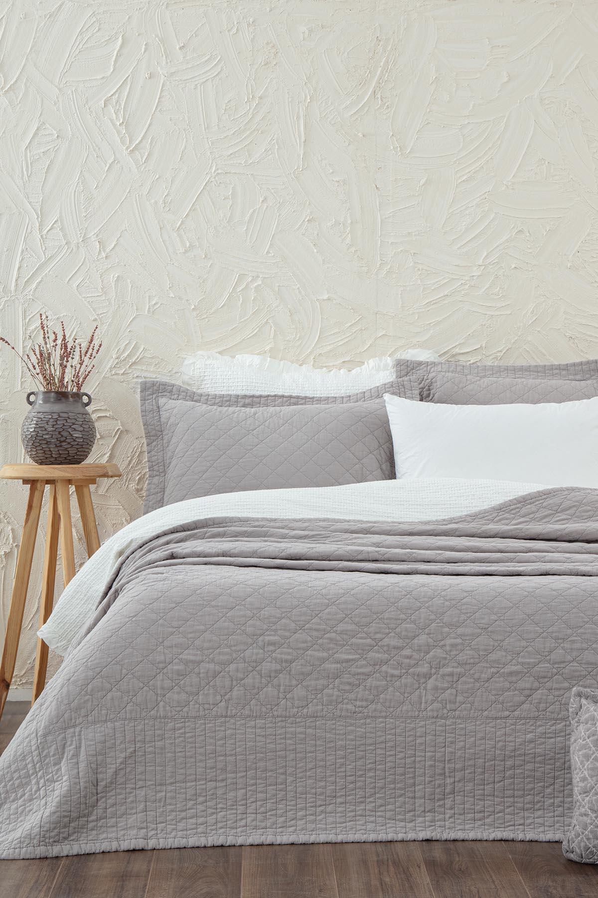 Ecocotton Reha Çift Kişilik Yatak Örtüsü Takımı %100 Pamuk Açık Gri 240x260 Cm