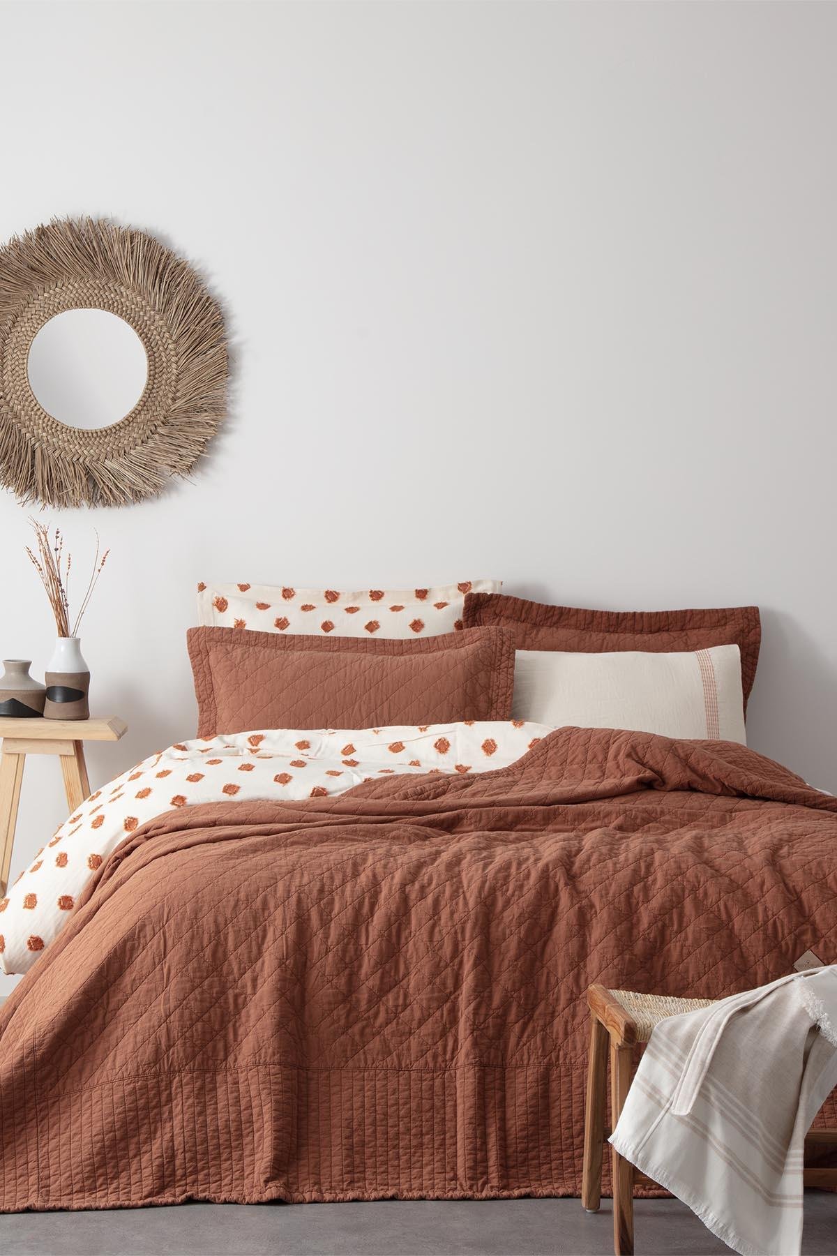 Ecocotton Reha Çift Kişilik Yatak Örtüsü Takımı %100 Pamuk Terra 240x260 Cm