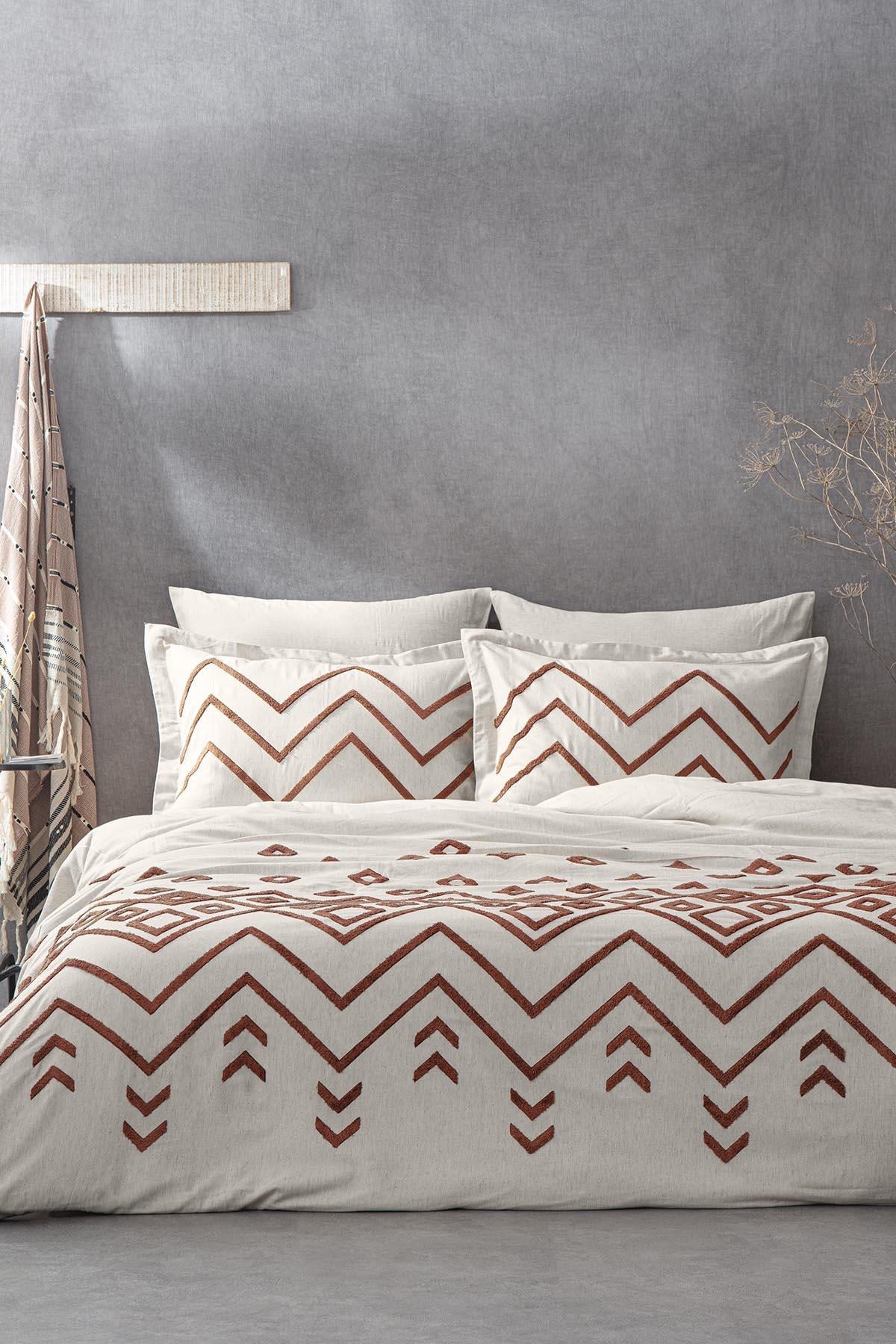 Ecocotton Talya Çift Kişilik Nevresim Takımı %100 Pamuk Keten Panç Nakışlı Terra-Bej 200x220 Cm