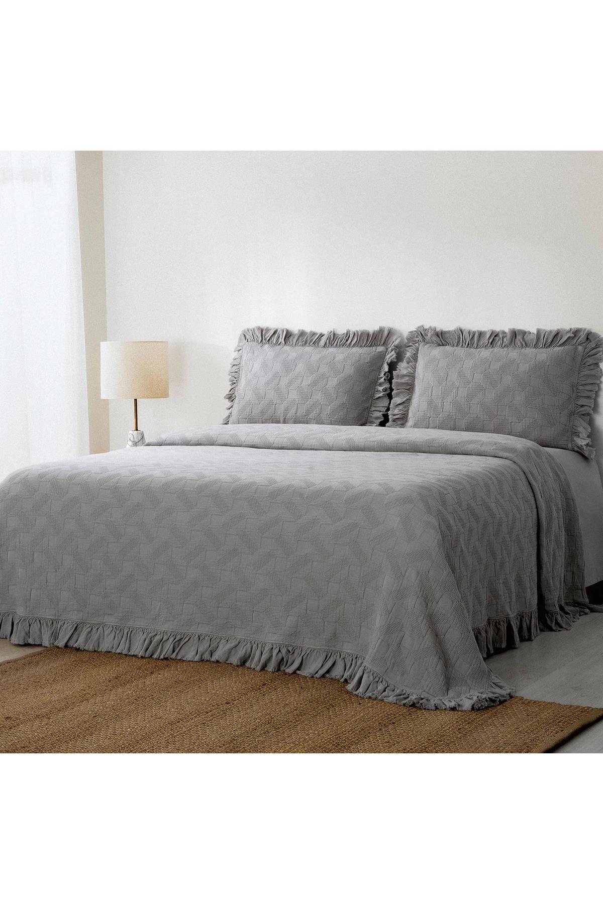 Ecocotton Tanya Çift Kişilik Pike Yatak Örtüsü Takımı %100 Pamuk Dokuma Gri 260X240 Cm