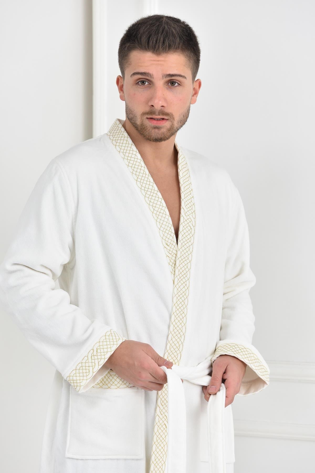 Ecocotton Tuğra Erkek Bornoz Krem Large