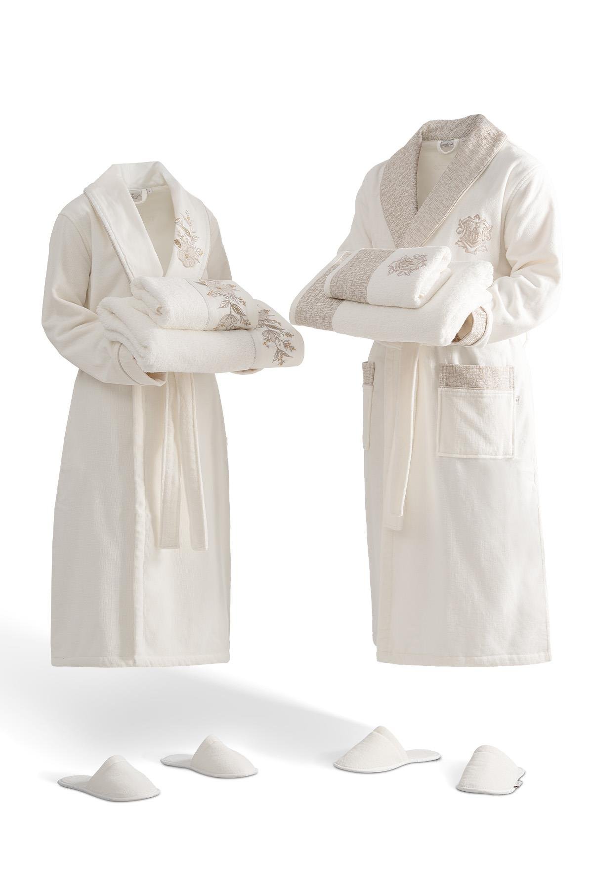 Ecocotton Vanya Aile Bornoz Seti %100 Organik Pamuk Nakışlı Krem/Krem - M/L