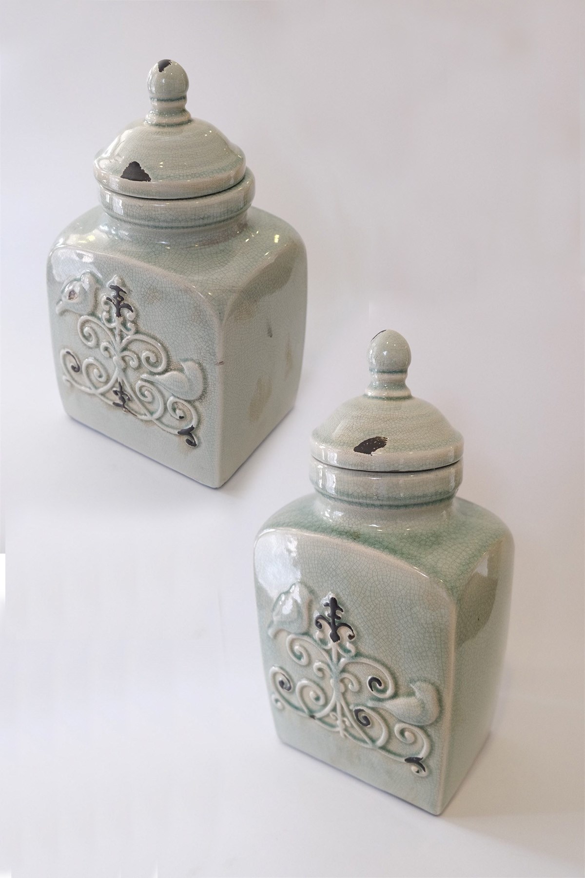 Kuşlu Ve Kapaklı Eskitme Porselen Küp 2'li Takım 13*16*30 - 13*16*35