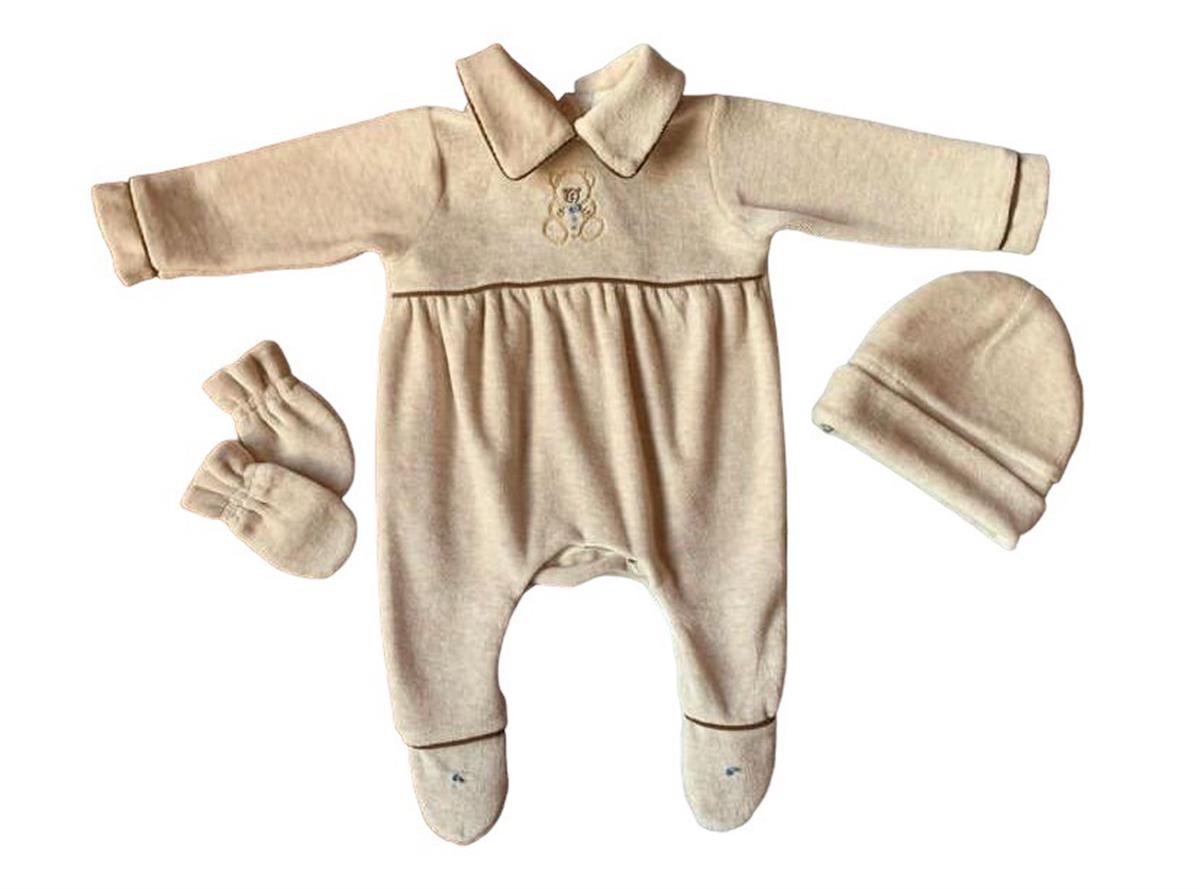 Mede Kids Kadife Ayıcık Ayaklı Tulum Bej 0-3 Ay