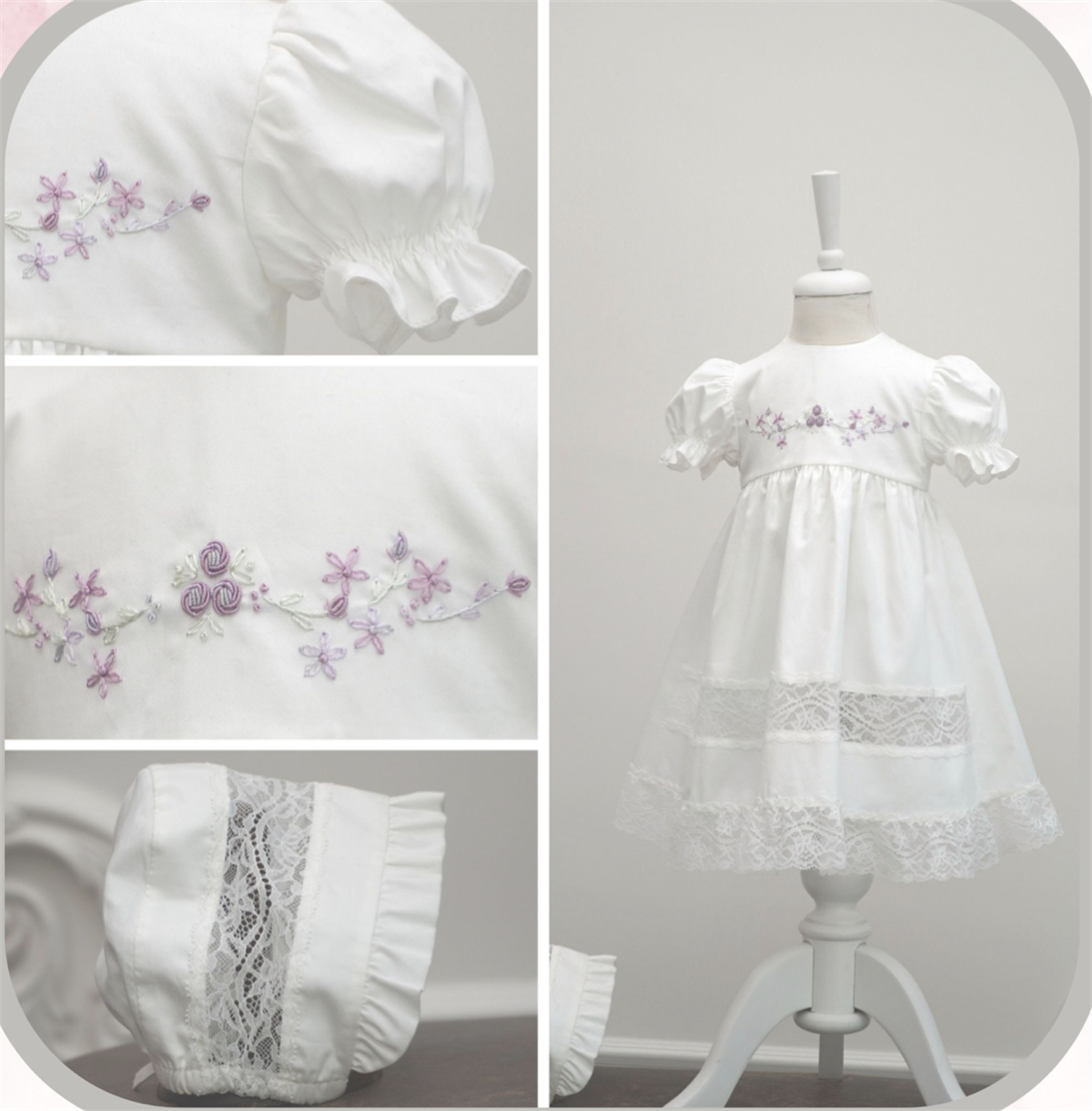 Medekids Dantel ve Nakışlı Elbise Ekru & Lila 3-6 Ay