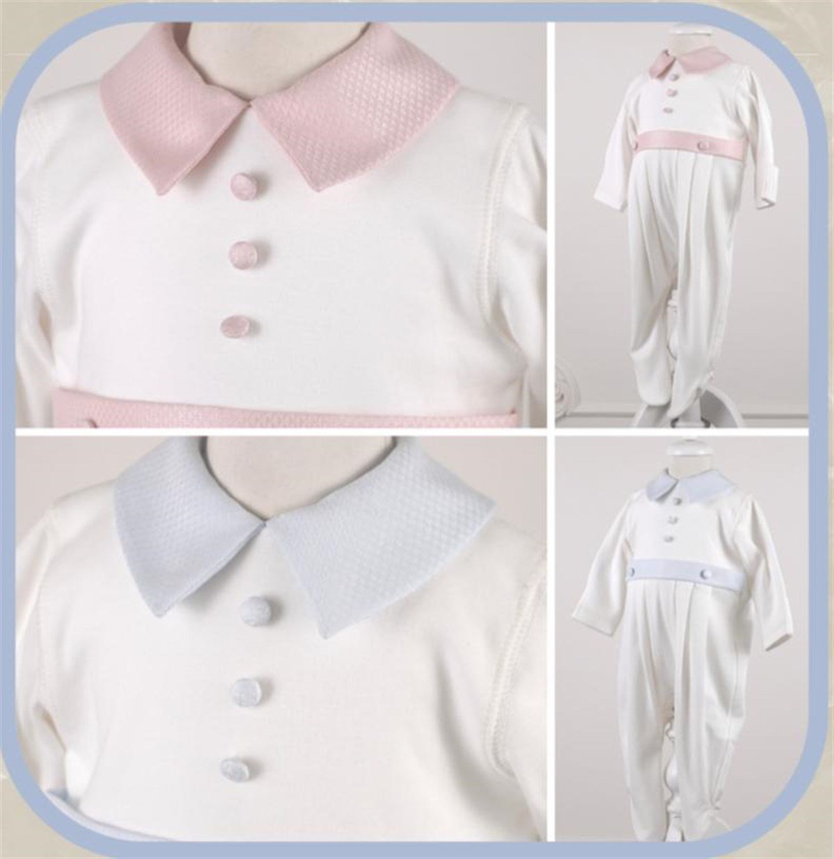 Medekids Yakalı Penye Ayaklı Tulum Ekru-Mavi 0-3 Ay