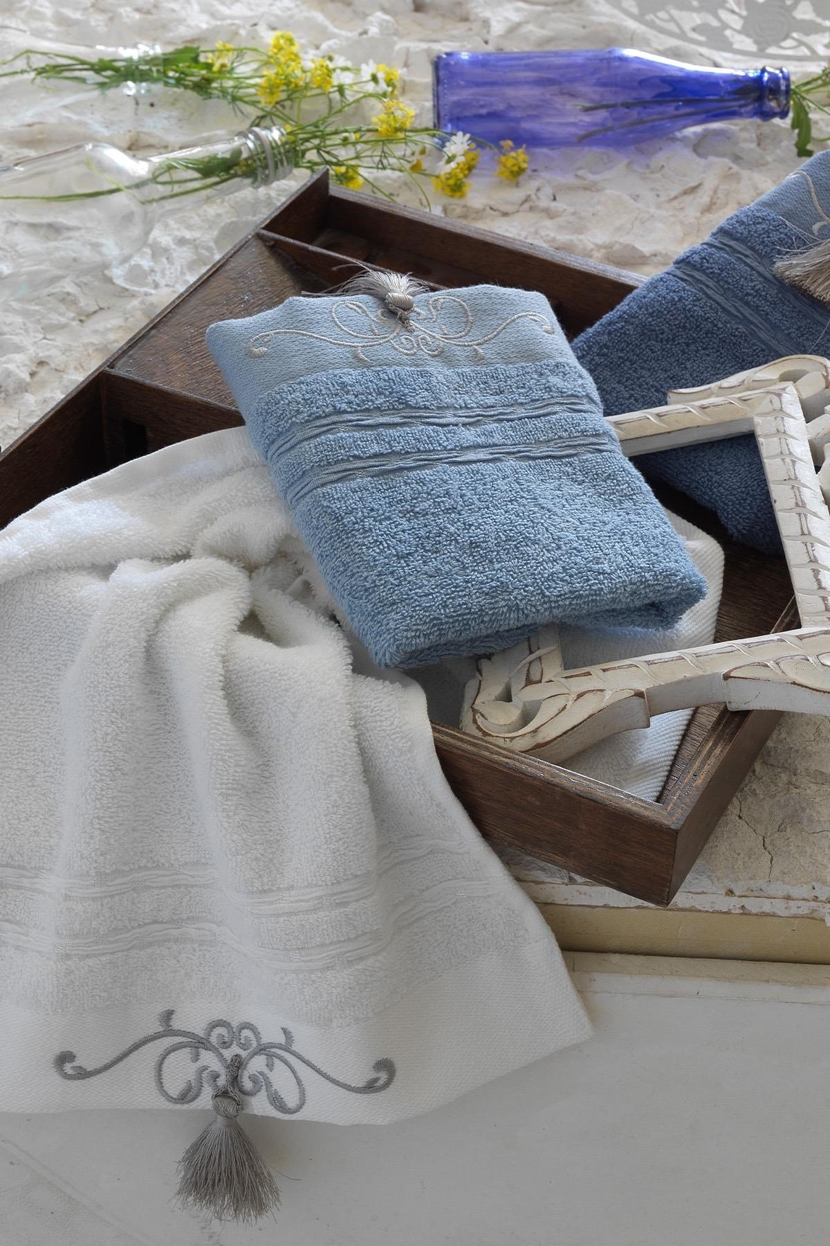 Org Mutfak Havlu 30/50 Emily Beyaz Mavi Açık Mavi