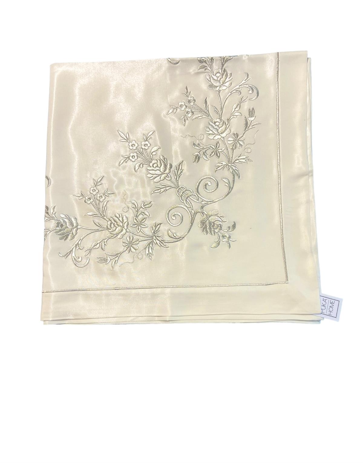 VPH Bohça Gümüş Sim Gül Nakışlı Monoray Ekru 110*110 Cm