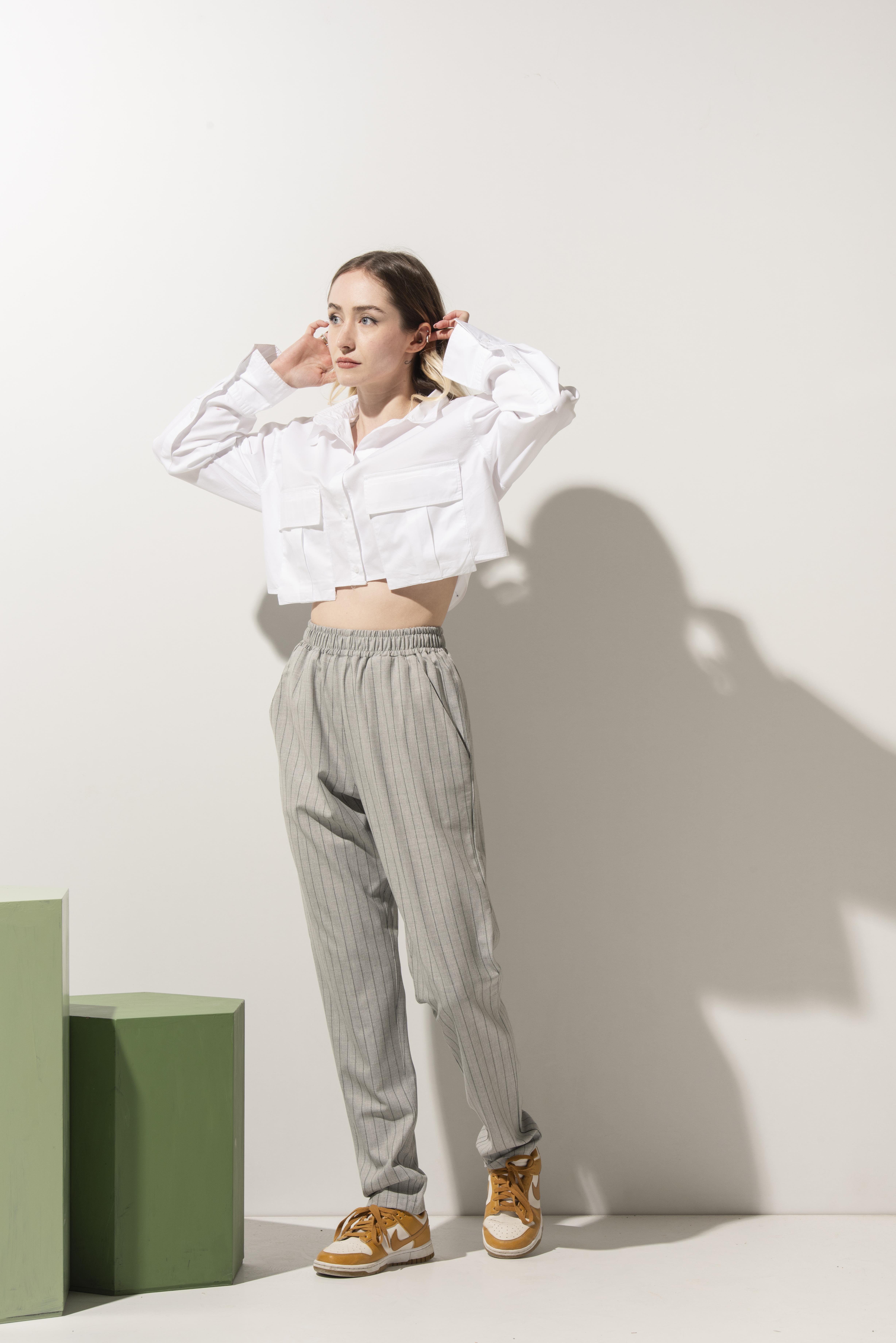 Antrasit Çizgili Gri Kadın Şef Pantolonu 