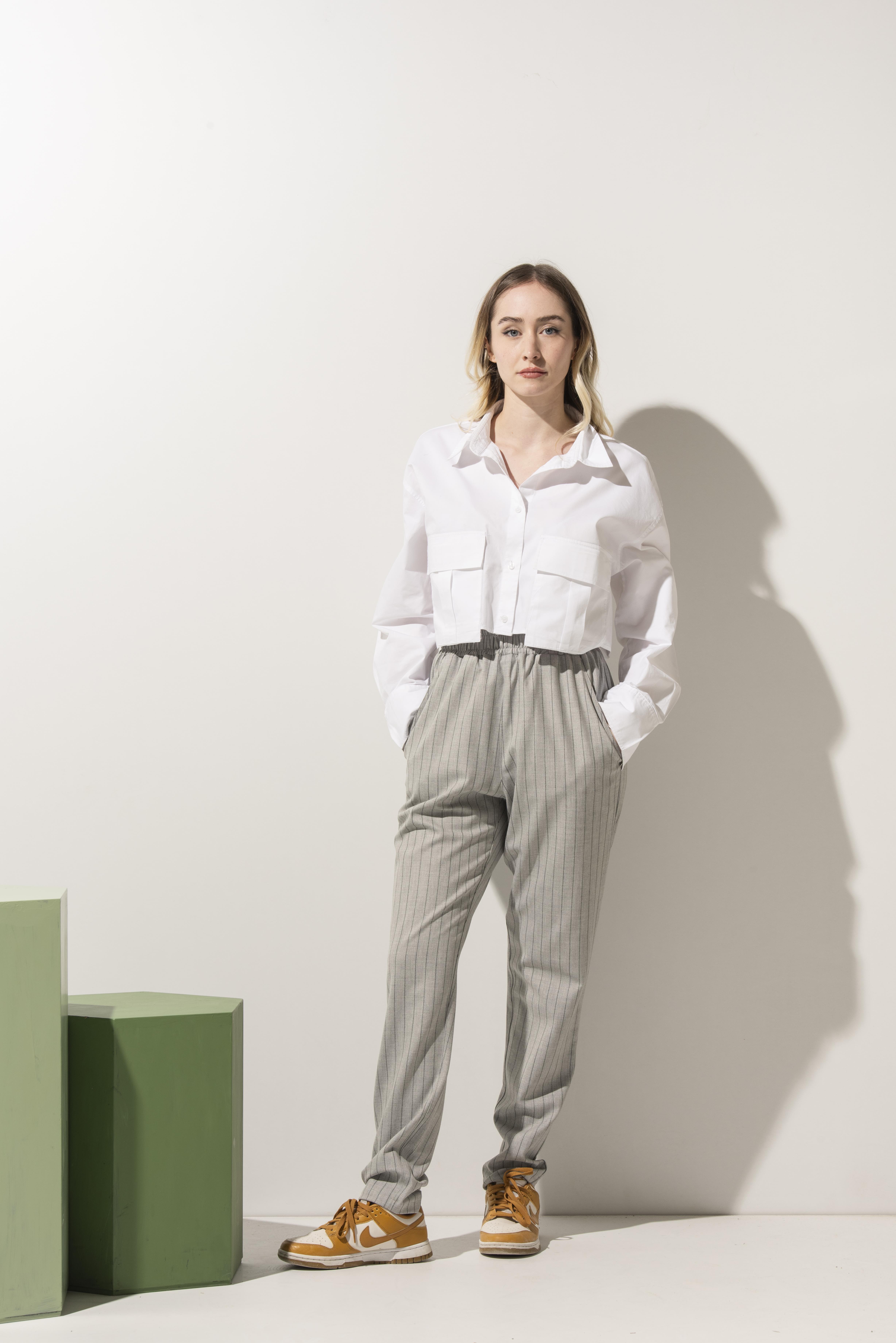 Antrasit Çizgili Gri Kadın Şef Pantolonu 