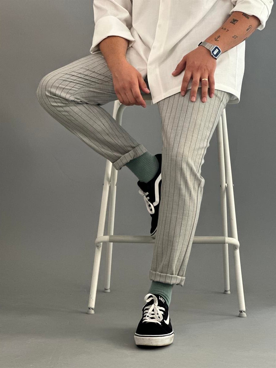 Antrasit Çizgili Gri Şef Pantolonu 