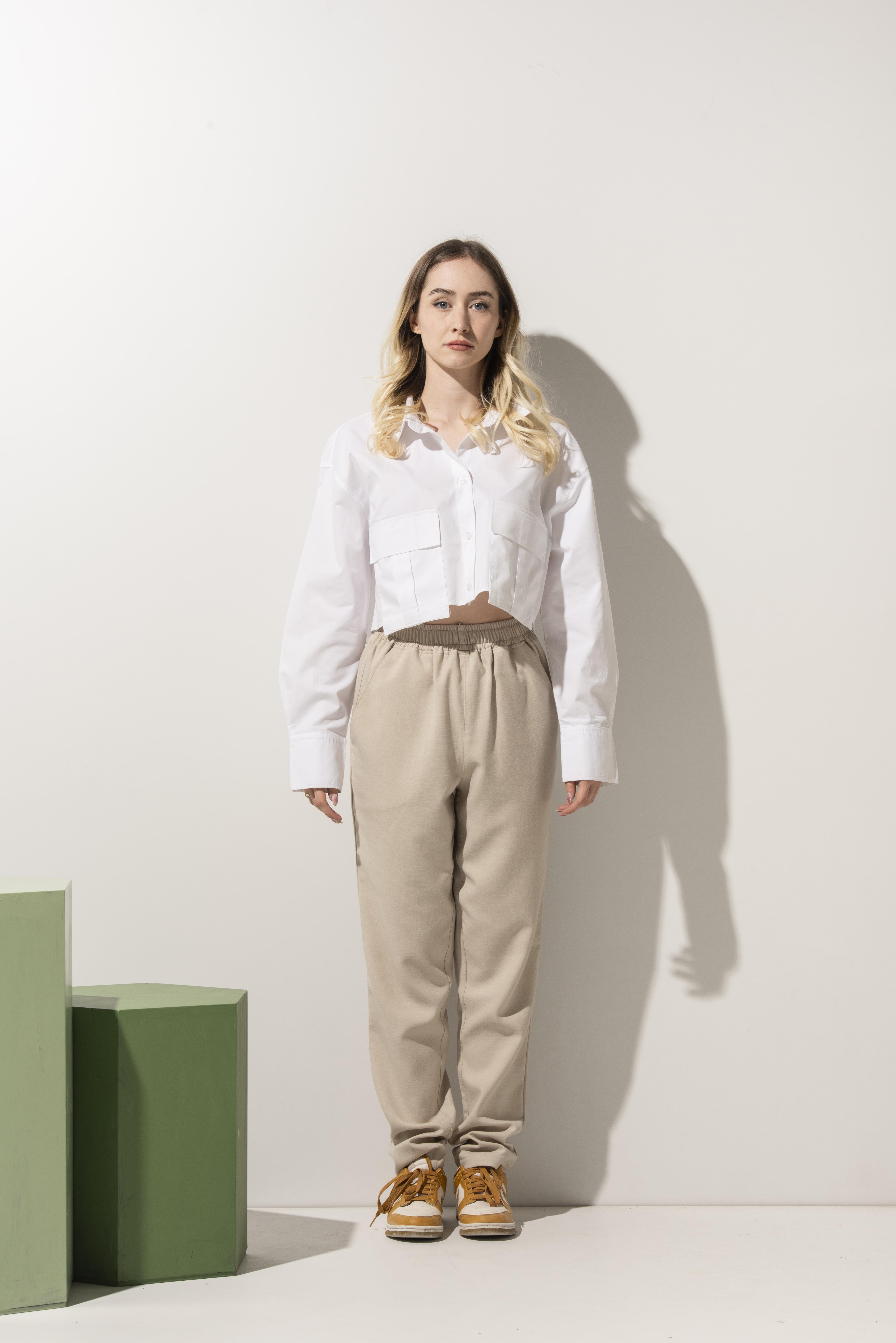 Bej Rengi Keten Görünümlü Kadın Şef Pantolonu 