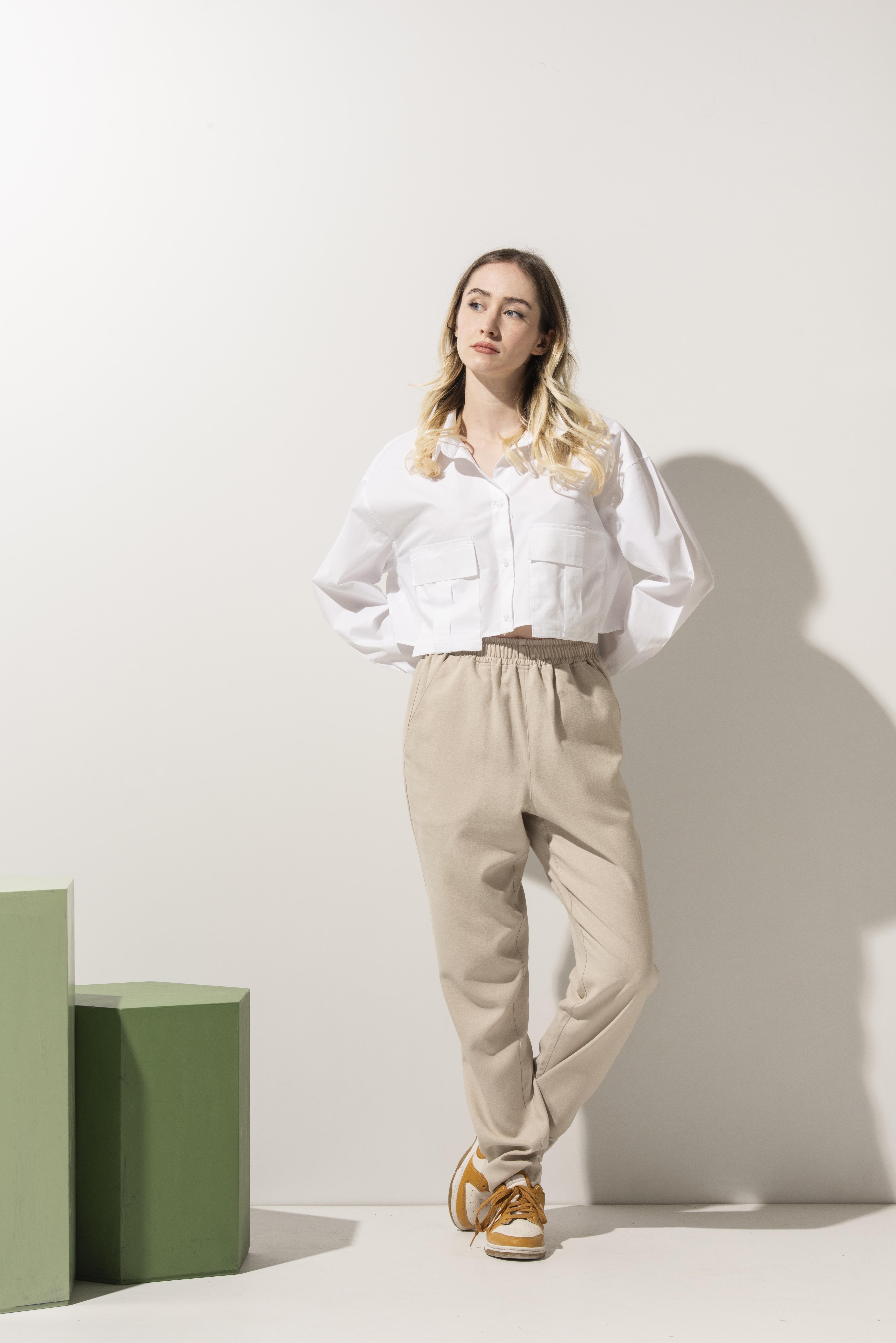 Bej Rengi Keten Görünümlü Kadın Şef Pantolonu 