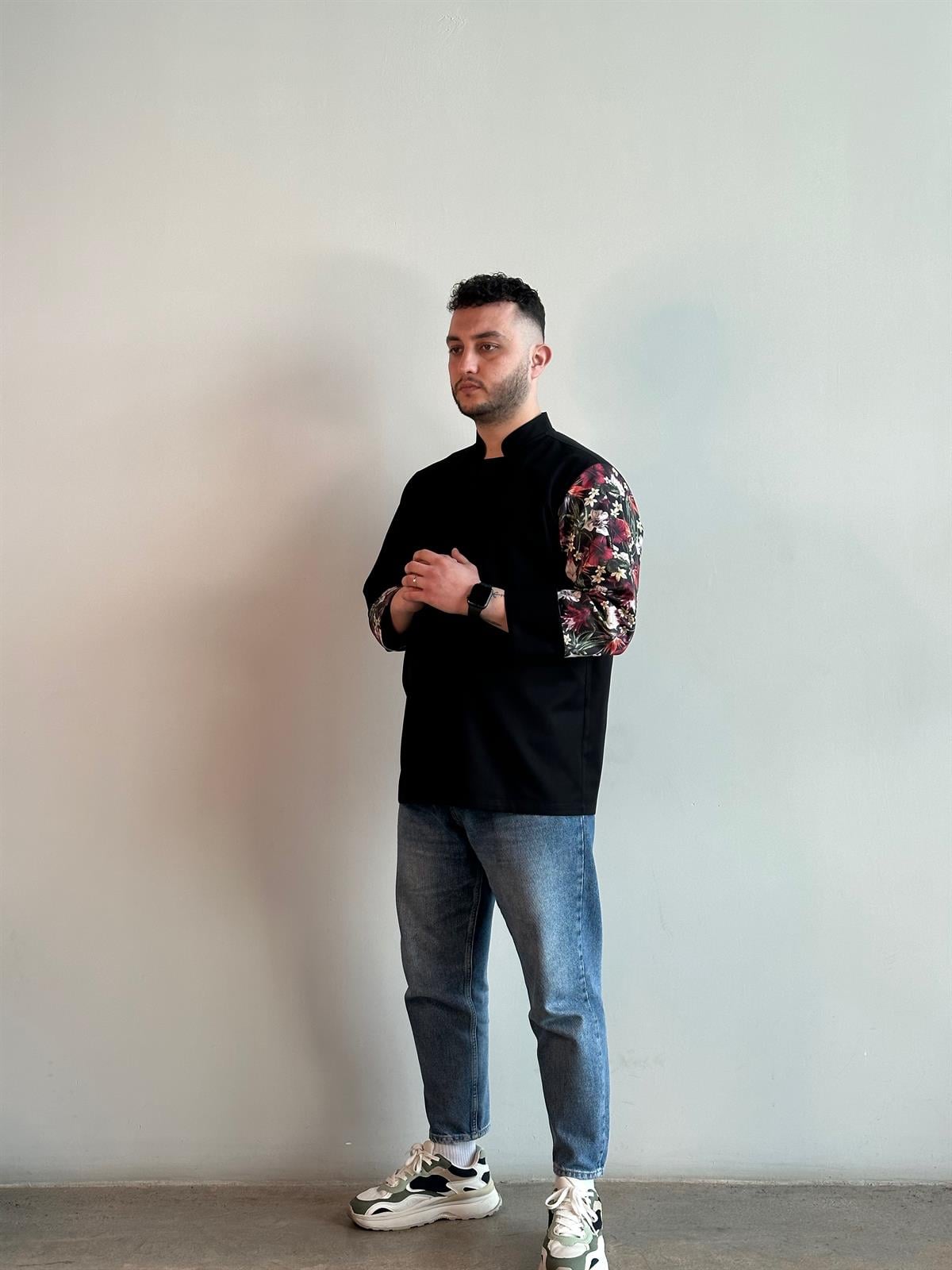 C-19 Tropical Flowers – Siyah Şef Ceketi