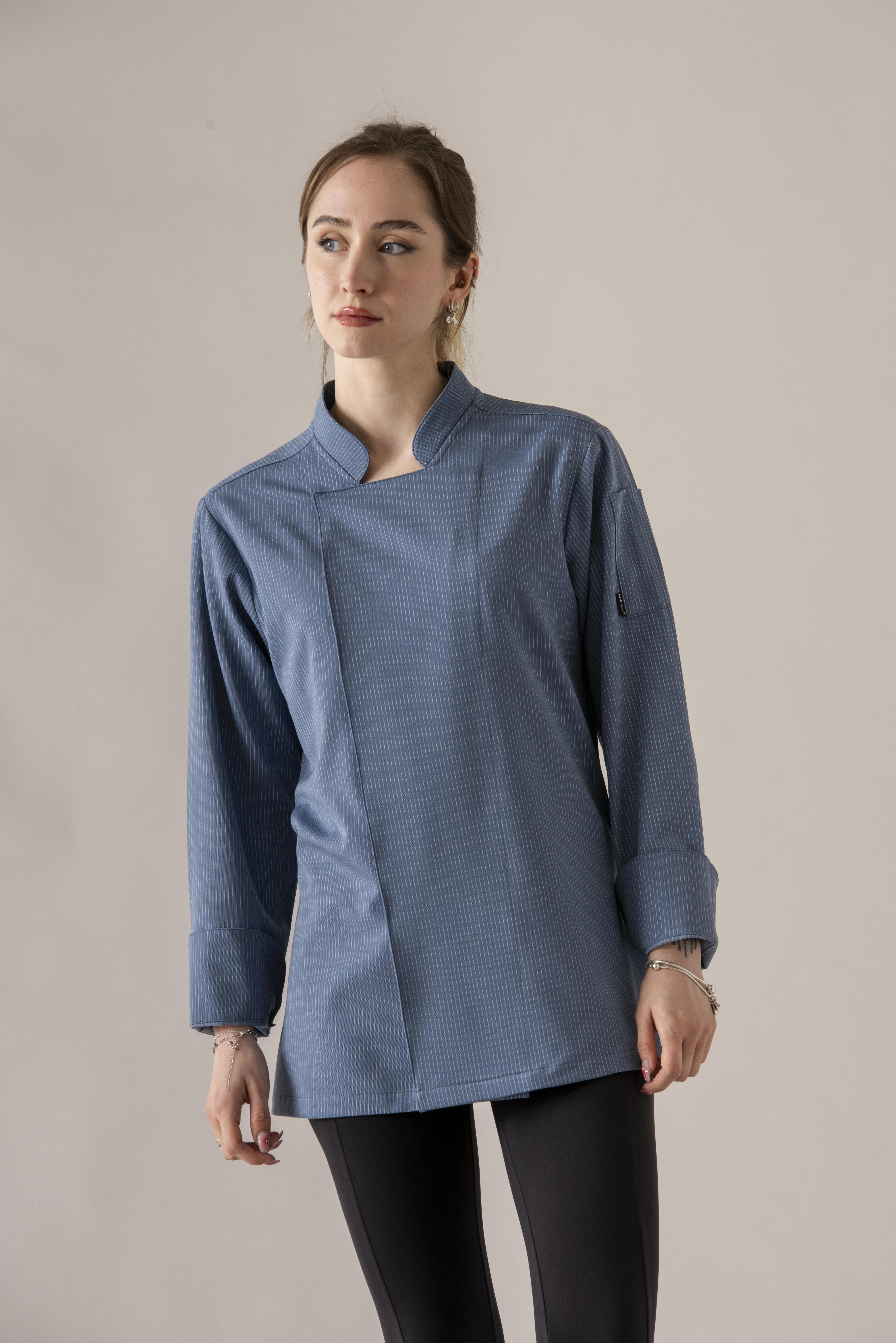C-21 Premium Kadın – Denim Mavi Çizgili Şef Ceketi