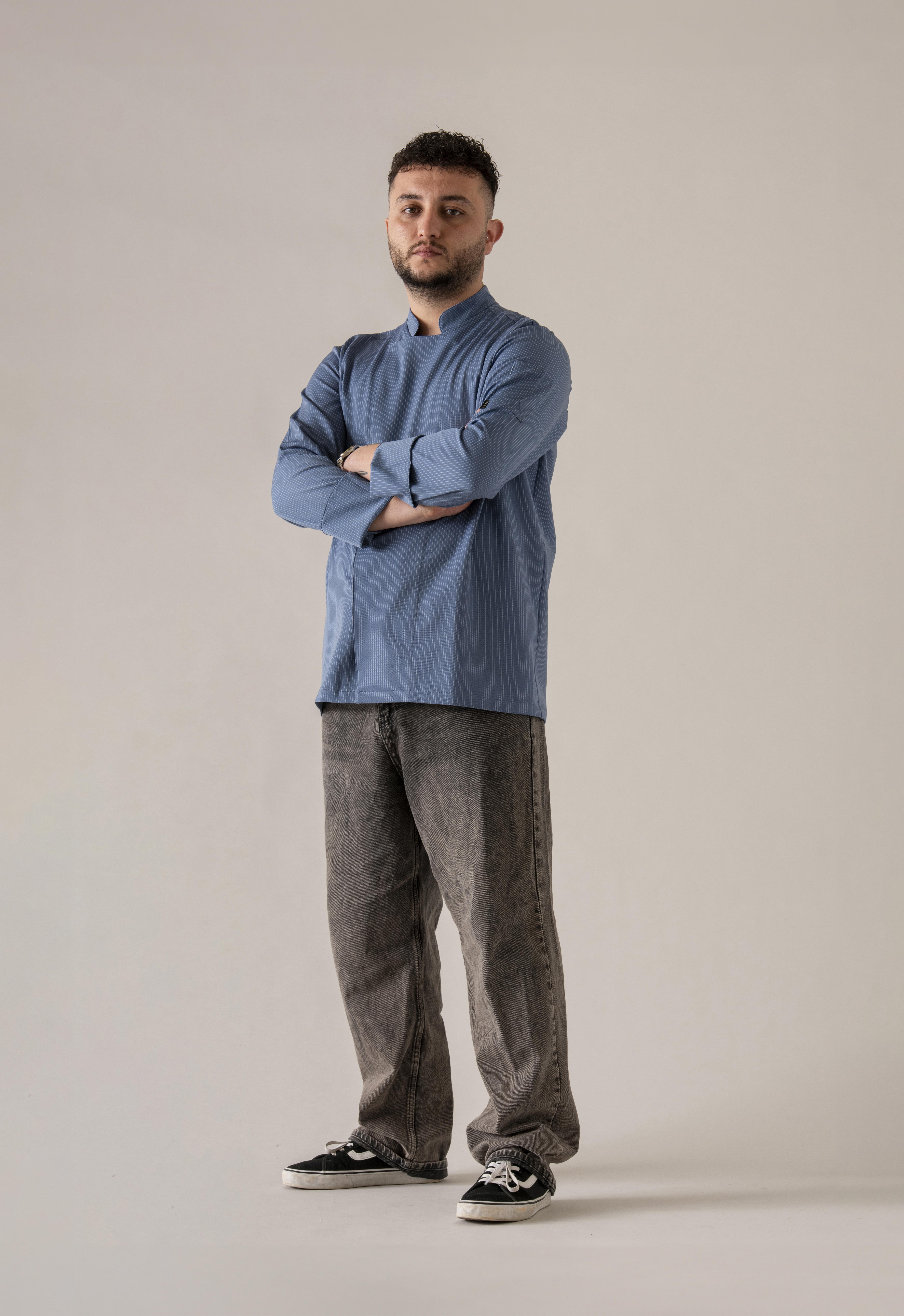 C-21 Premium – Denim Mavi Beyaz Çizgili Şef Ceketi