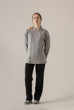 C-04 Soft Linen Kadın – Gri Şef Ceketi