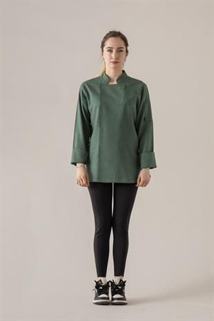 C-04 Soft Linen Kadın – Koyu Yeşil Şef Ceketi