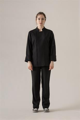C-04 Soft Linen Kadın – Siyah Şef Ceketi