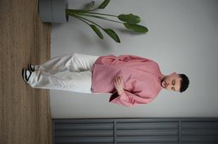 C-11 Mai Oversize – Kırmızı Beyaz Çizgili Kadın Şef Ceketi