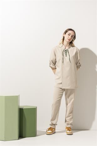 C-12 Glasgow Kadın -  Bej Rengi Keten Şef Ceketi