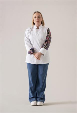 C-19 Colourful Monstera Kadın - Beyaz Şef Ceketi