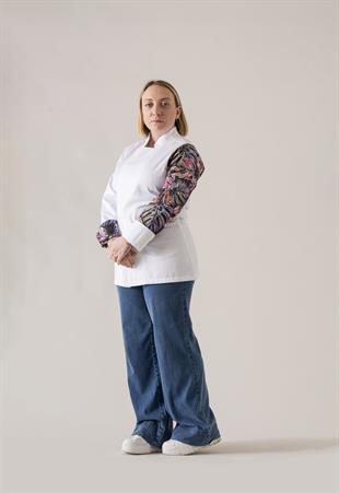 C-19 Colourful Monstera Kadın - Beyaz Şef Ceketi