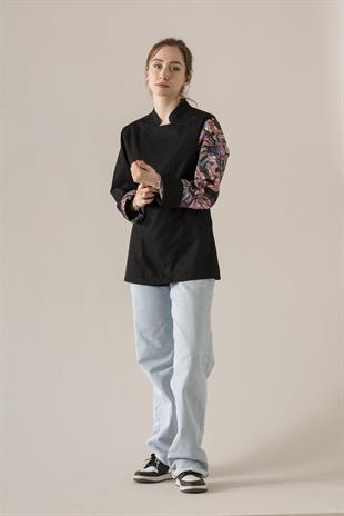 C-19 Colourful Monstera Kadın – Siyah Şef Ceketi