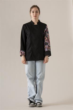 C-19 Colourful Monstera Kadın – Siyah Şef Ceketi