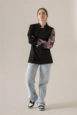 C-19 Colourful Monstera Kadın – Siyah Şef Ceketi