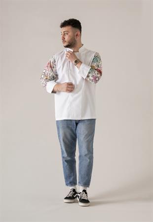 C-19 Colourful Skull - Çiçek ve Kuru Kafa Desenli Beyaz Şef Ceketi 