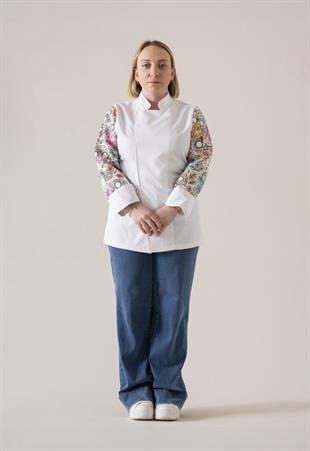 C-19 Colourful Skull - Çiçek ve Kuru Kafa Desenli Beyaz Şef Ceketi Kadın