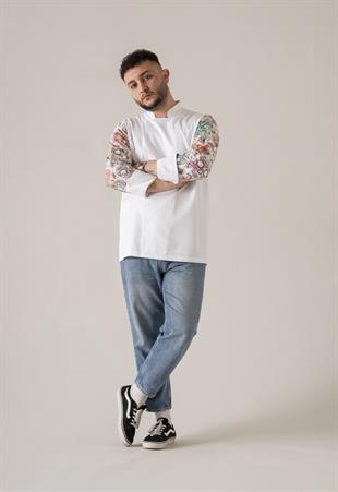 C-19 Colourful Skull - Çiçek ve Kuru Kafa Desenli Beyaz Şef Ceketi 